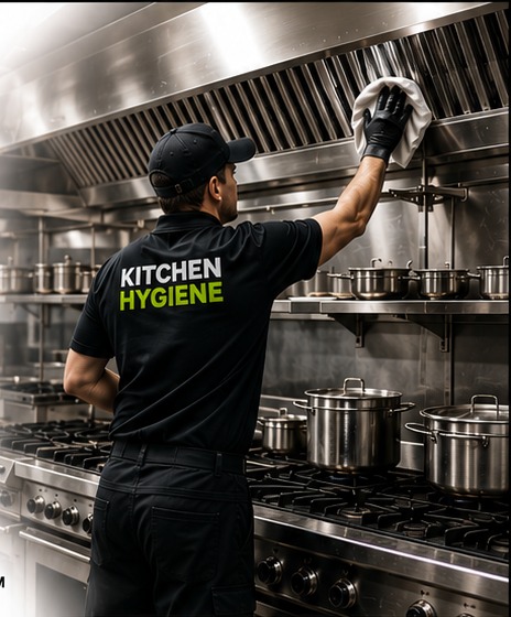 Professional cleaner detailing a commercial kitchen exhaust hood